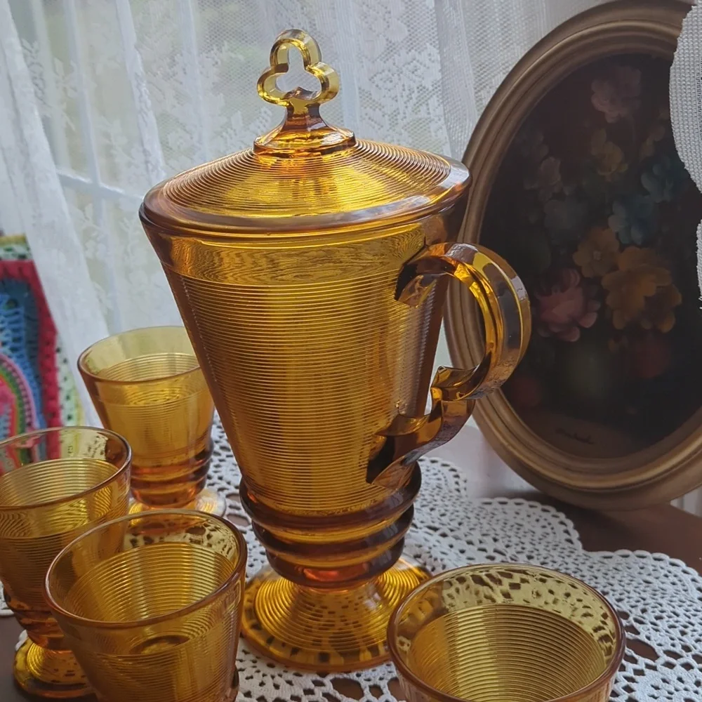 Indiana Depression Glass Old English Threading Amber Pitcher with 4 Glasses